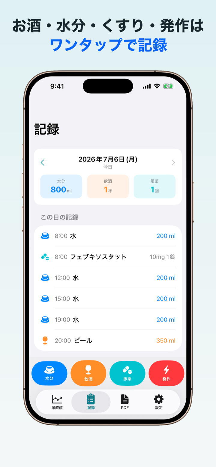 水分・飲酒・服薬・発作の記録画面